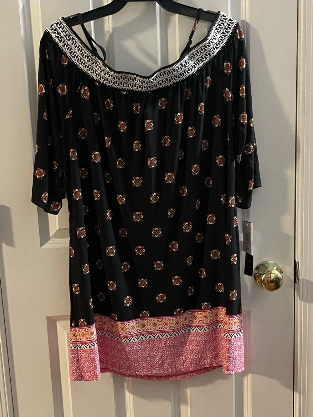 Trixxi Black Off-Shoulder Dress with Pink Hem and White Trim